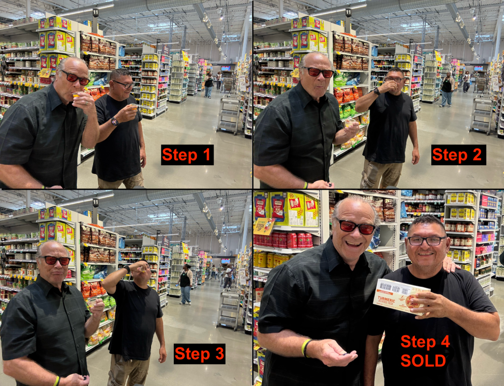 Four images showing a step-by-step process in a grocery store. Step 1: Two men are posing, one holding a drink. Step 2: Both men are smiling and holding cups. Step 3: One man is drinking, while the other watches. Step 4: The men are happily holding a product box, indicating a successful sale.