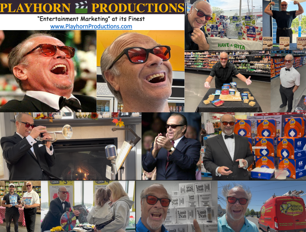 A collage featuring a man in sunglasses expressing joy in various settings, including a formal event, a grocery store, and engaging with people of different ages.